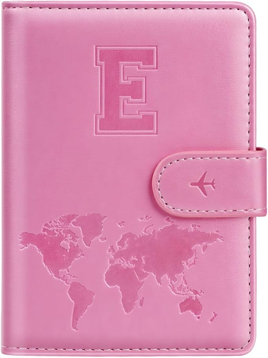 Passport Holder Cover Initail Letter A-Z Travel Wallet Embossed Design RFID Blocking Card Holder Personalized Gift Passport Cover Wallet, Passport Book Holders for Women and Girls, Pink-E