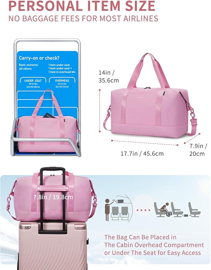 ECOHUB Travel Duffel Bag, Water Resistant Weekender Bag Carry On Bags for Women, Sport Gym Bags for Men, Hospital Bag for Labor and Delivery, Overnight Bag Luggage Bag with Trolley Sleeve 30L Pink