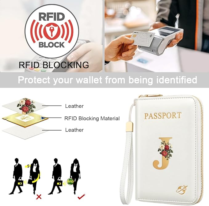 Passport Holder for Travel Personalized Passport Holder Initial Letter Rose Flower RFID Blocking Travel Wallets Credit Cards Holder for Women Men, White J