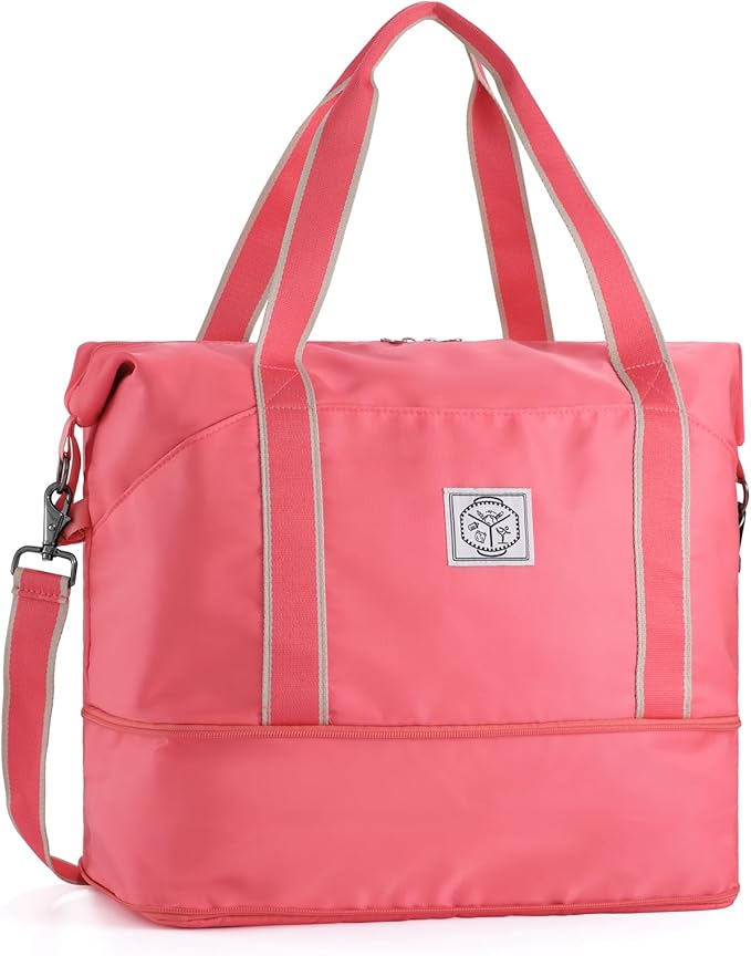 WALNEW Travel Duffel Bag, Weekender Overnight Carry On Bag for Women Men, Foldable Waterproof Gym Luggage Duffle Bag with Metal Buckle Detachable Shoulder Strap and Wet Compartment (living Coral)