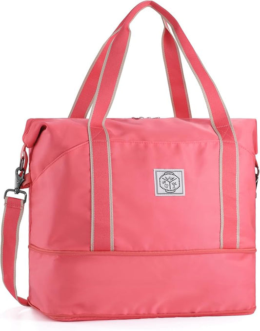 WALNEW Travel Duffel Bag, Weekender Overnight Carry On Bag for Women Men, Foldable Waterproof Gym Luggage Duffle Bag with Metal Buckle Detachable Shoulder Strap and Wet Compartment (living Coral)