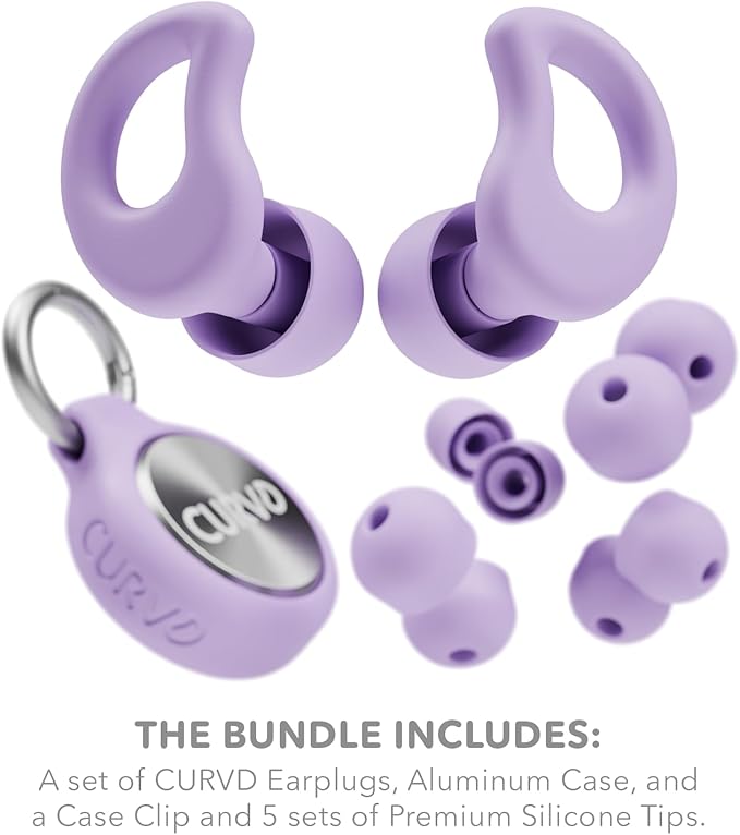 CURVD Everyday Earplugs + Case Clip Bundle, The Perfect earplug for Sleep, Travel, Noise Sensitivity/canceling + Case Clip Package Portable Waterproof Container & Silicone Sleeve for Ear Plugs(Purple)