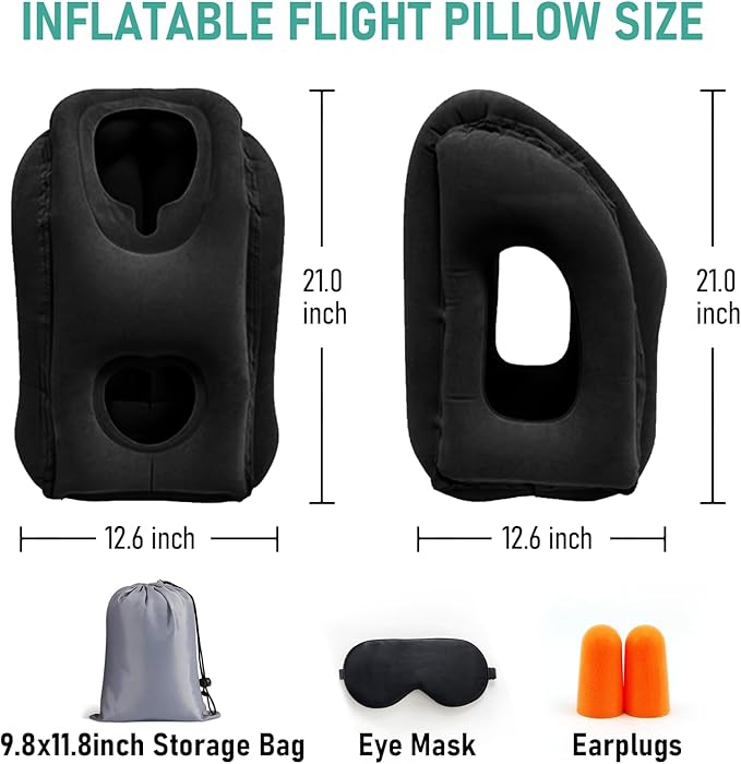 Inflatable Travel Pillow for Airplanes, Airplane Pillow for Long Flight Comfortably Supports, Used for Planes, Trains, Cars, Includes Storage Bag, Eye Mask & Earplugs (Black)