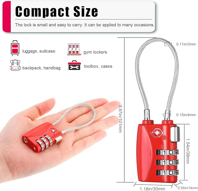 ZHEGE Luggage Lock TSA Approved 3 Dight Combination Padlock for Suitcase, Baggage, Backpack, Pistol Case (Red)