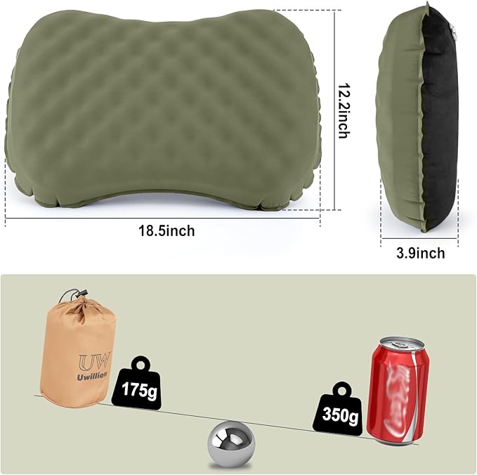 Camping Pillow with Ice Silk Memory Foam Cover - Ultralight Inflatable Pillow for Camping Lightweight, Ergonomic and Washable for Camping, Hiking, and Travel Green