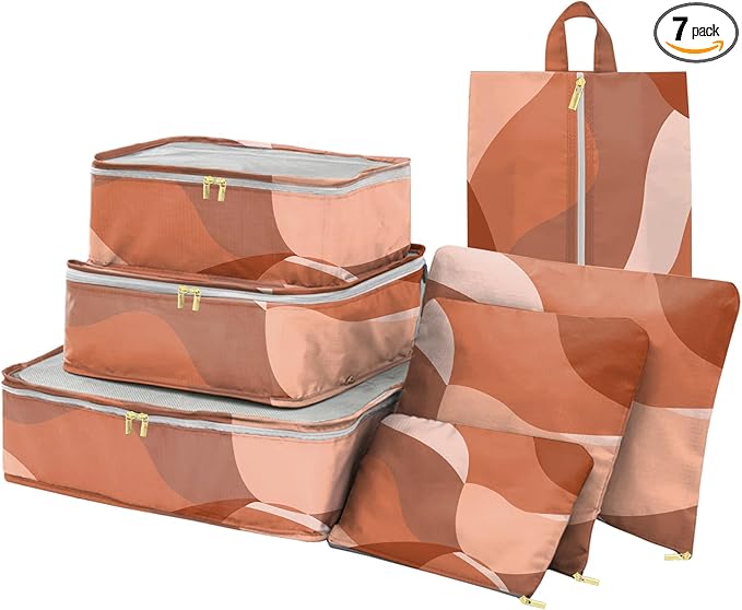 7 Set Packing Cubes Travel Luggage Organizers for Suitcase Travel Accessories with Shoe Bag for Girls Women Aesthetic Art Cute Wave Wavy Leaves-Red Brown