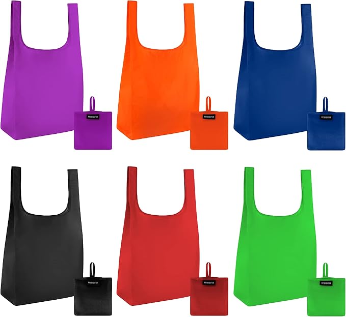 Masirs Reusable Grocery Bag (6-PACK | COLORS) - Reusable Ripstop Bags - Large, Strong Eco Friendly Bags - Foldable Shopping Bag - For Kitchen, Grocery & More - Packable Shopping Bag