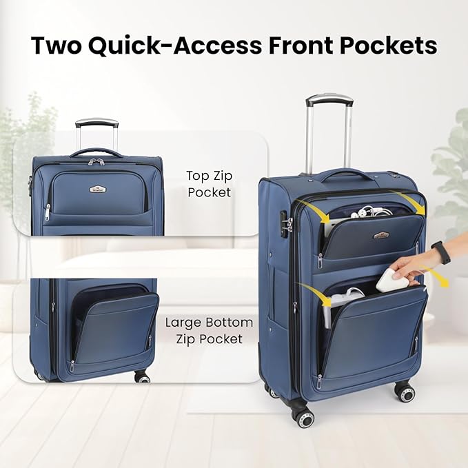 Softside Luggage Sets 2 Piece,Expandable15% Lightweight Durable Suitcase Sets Double Spinner Wheels w/Combination LOCK （Blue,20in/26in）