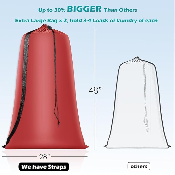 Heavy Duty Laundry Bag 2 Pack XL Nylon Laundry Bags with Straps, Washable Large Dirty Clothes Organizer with Drawstring Closure, Travel Washing Bag Fit a Laundry Hamper or Basket