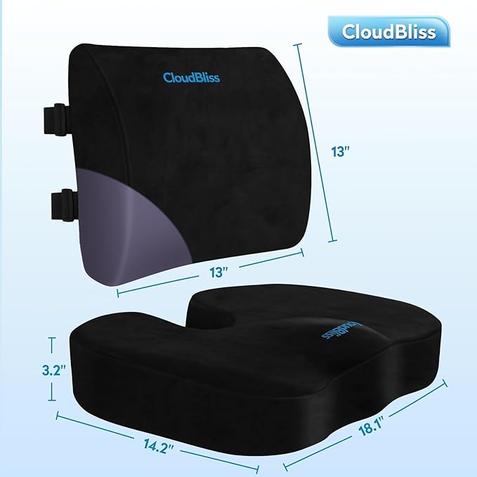 CloudBliss Lumbar Support Pillow & Seat Cushion Set for Office Chair, Desk Chair, Wheelchair & Car – Memory Foam Back Support, Ergonomic Chair Cushions, Sciatica Pain Relief, Home Essentials, Black