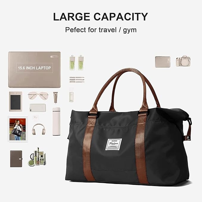 Sport Travel Duffle Bag Large Gym Tote Bag for Women, Weekender Bag Carry on Bag for Airplane, Ladies Beach Overnight Luggage Bag with Wet Pocket Black Large