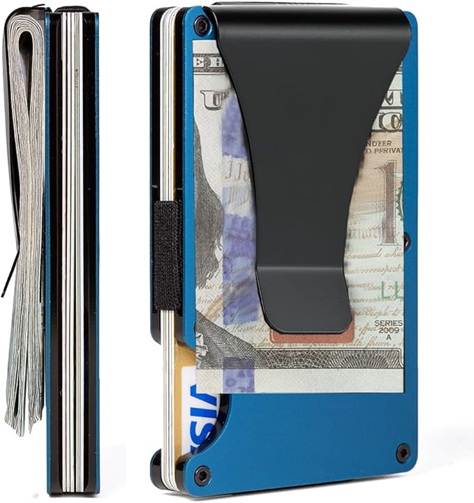 Carbon Fiber Minimalist Wallet for Men Credit Card Holder Money Clip & Cash Strap Slim RFID Mens Wallets(Matt Blue)