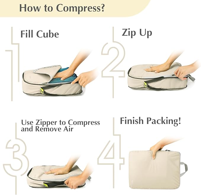 Gonex Compression Packing Cubes, 4pcs Expandable Storage Travel Luggage Bags Organizers (Cream)