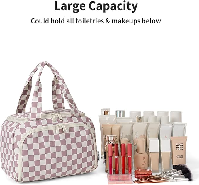 Narwey Checkered Travel Toiletry Bag for Women Large Makeup Bag, Wide-open Cosmetic Make Up Organizer with Handle, Travel Bag for Toiletries, Essentials, Accessories (Dusty Pink Checkerboard)