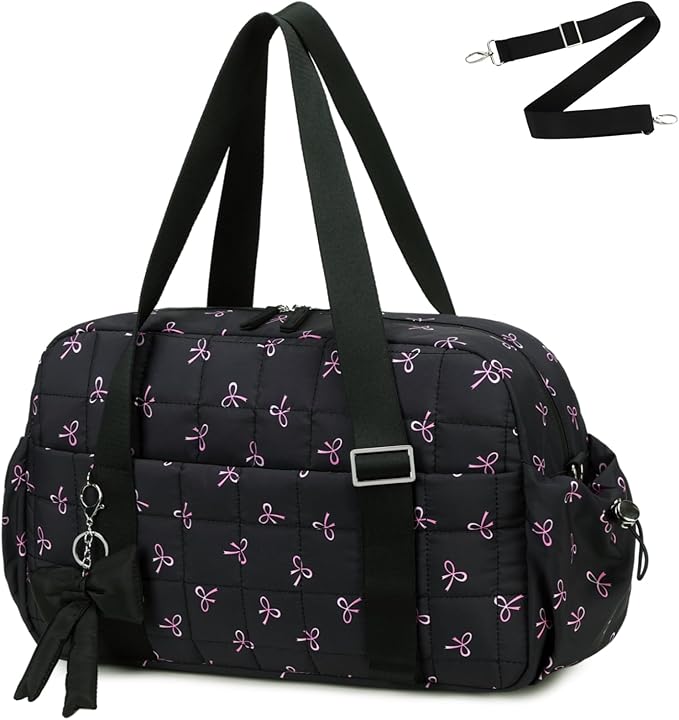 CAMTOP Gym Bag for Women, Lightweight Duffle Bag for Travel With Insulated Pocket and Wet Pocket, Small Carry On Bag for Dance Yoga Work (Black Bow, Medium-16")