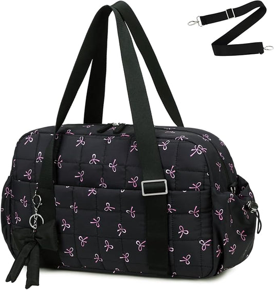 CAMTOP Gym Bag for Women, Lightweight Duffle Bag for Travel With Insulated Pocket and Wet Pocket, Small Carry On Bag for Dance Yoga Work (Black Bow, Medium-16")
