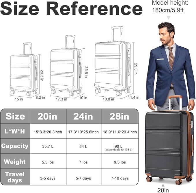 Kono 28 Inch Luggage Expandable Suitcase with Spinner Wheels TSA Lock Lightweight PC+ABS Hardside Large Checked Luggage Durable Rolling Suitcase Apricot Black