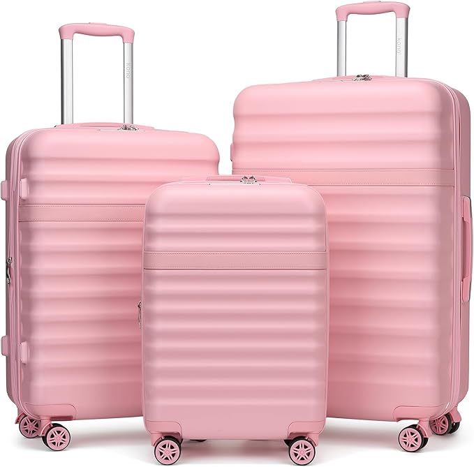 Kono Luggage Set 3 Pieces Expandable PC ABS Durable Suitcase Hardside with Double Spinner Wheels Tsa Lock Pink(20in/24in/28in)
