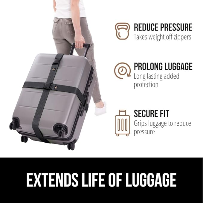 GORILLA GRIP Heavy Duty Adjustable Luggage Straps for Suitcases, Easy to Identify Travel Belt Connector Holds Suitcase Together, Extends Life of Bag, Strap Connects Two Bags, Accessories 2 Pack Black
