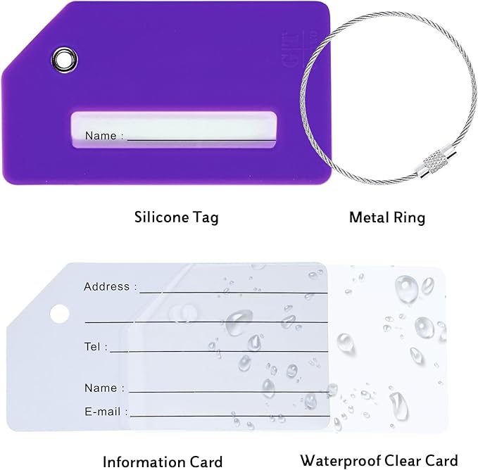 8 Pack Silicone Luggage Tag for Suitcases with Stainless Loop, TSA Approved, Privacy Protection Travel Essentials Bag Tags by Gostwo, Purple