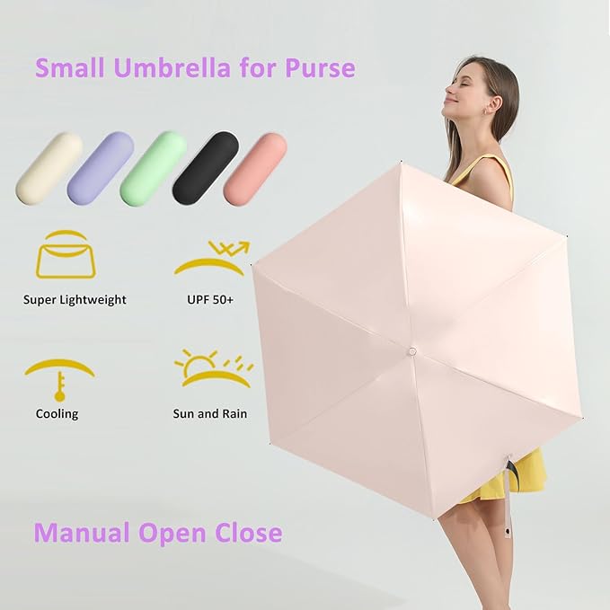 BAODINI Travel Essentials Mini Umbrella for Purse With Case Small Compact UV Sun Protection Lightweight Tiny Pocket Manual Open Close Umbrella for Women Kids and Men Fits Purse Backpack