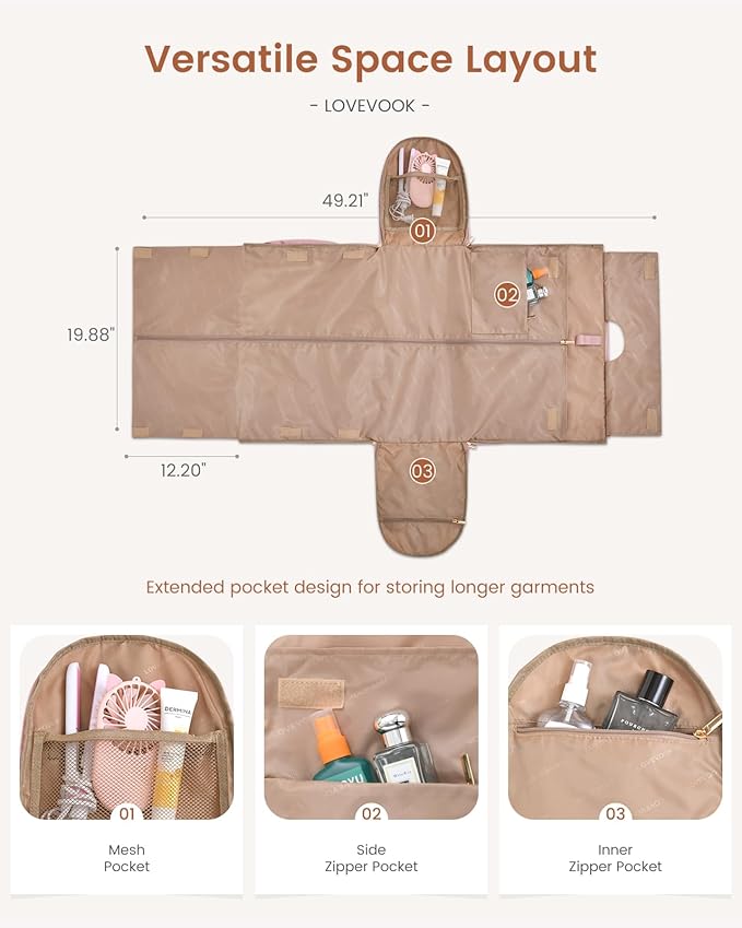 LOVEVOOK Convertible Garment Bag for Travel with Shoe Pouch, Carry On Garment Duffel Bag with Toiletry Bag, 2 in 1 Hanging Suitcase Suit Bag, Waterproof Weekender Bag for Women Travel, Wedding, Pink