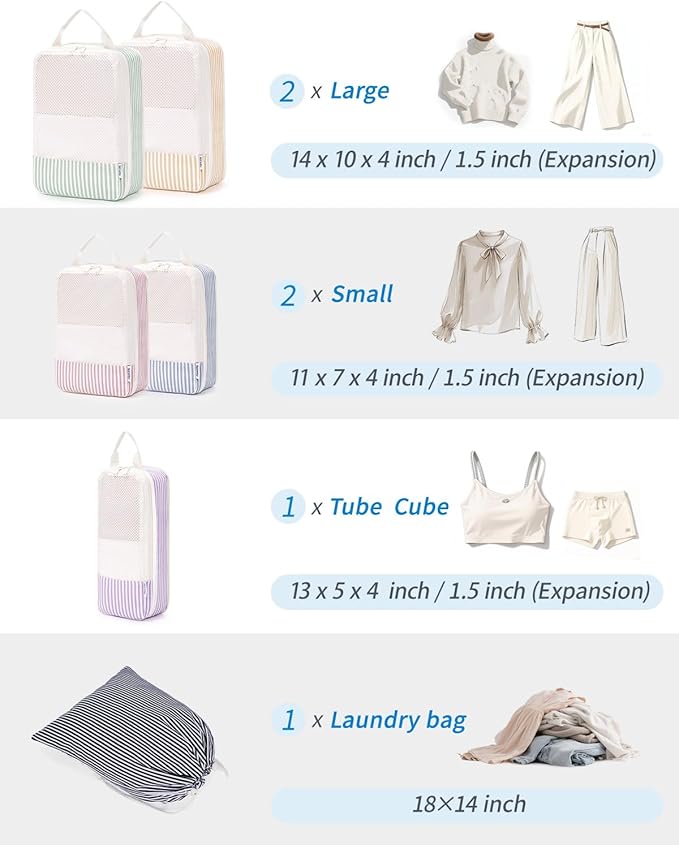 Narwey 6 Set/5 Set Compression Packing Cubes for Travel Kids Women Carry on, Packing Organizers Bag for Backpack Luggage Suitcase Duffle Bags