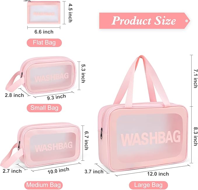 YuanCheng Upgrade Travel Toiletry Bags for Women, Pack-4 Different Size Make Up Bags with Handle, Large Capacity Translucent Waterproof Travel Cosmetic Bags (Comestic Bag-Pink)