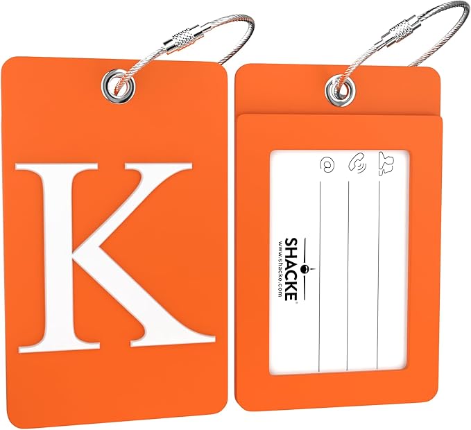 Shacke Luggage Tag Initial – Fully Bendable Tag w/Stainless Steel Loop (Orange) (Letter K)