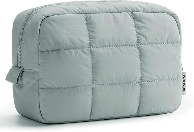 Narwey Puffer Travel Makeup Bag for Women Girl, Quilted Puffy Cosmetic Bag Make Up Bag Organizer, Cute Travel Toiletry Bag for Toiletries (Sage Green)