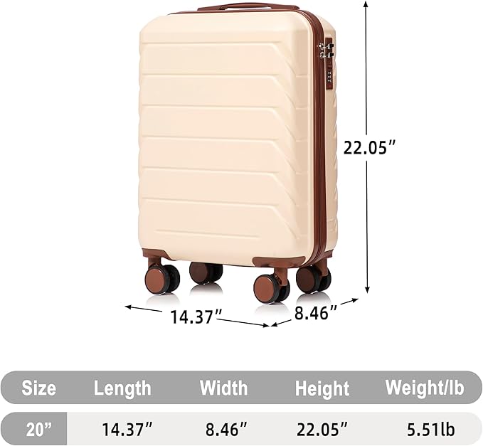 20 Inch ABS Hard Shell Travel Checked Luggage With Combination Lock, Beige