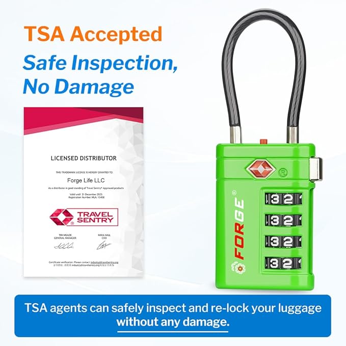 Forge TSA Approved Luggage Locks 4 Digit Combination TSA Travel Locks with TSA008, Open Alert Indicator, Zinc Alloy Body for Luggage, Suitcase, Backpack, and More. Green 2 Locks.