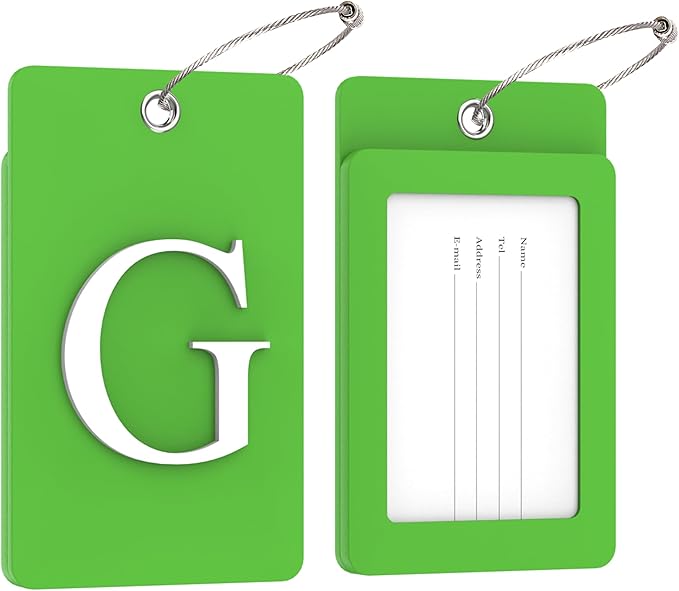 Gostwo 2 Pack Luggage Tags for Suitcases, 26 Initial Letter Travel Luggage Baggage Identification Labels ID Tag Fully Bendable Tags with Stainless Steel Loop (Green) (Letter G)
