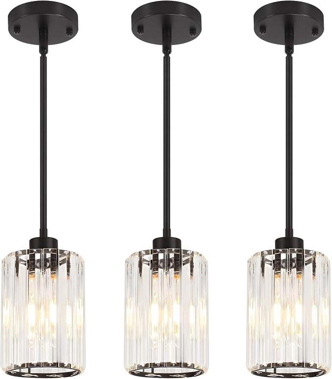3 Pack Black Pendant Lights Kitchen Island Crystal Hanging Lighting Fixture | Adjustable Height Modern Pendant Light for Bathroom Dining Room Over Island Sink Entryway Hallway Ceiling Light