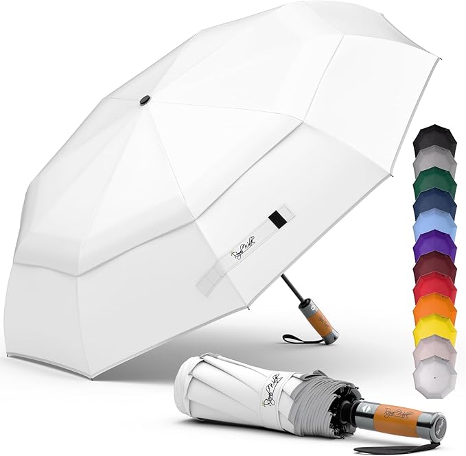 Royal Walk Windproof Folding Travel Umbrella Compact and Strong Luxurious Real Wood Handle Automatic Open Close Vented Double Canopy for Men and Women (White)