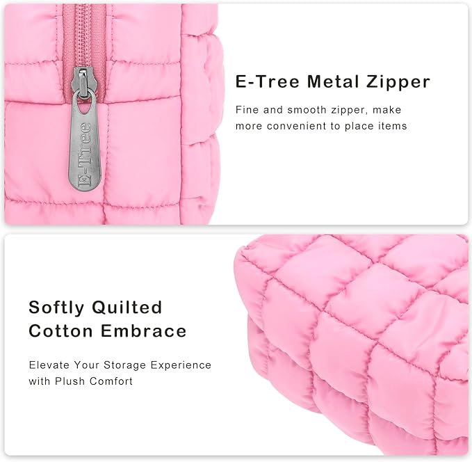E-Tree Cute Makeup Bag,Quilted Cosmetic Bag for Women,Make up Pouch for Purse,Toiletry Zipper Pouch,Checkered Bag,Travel Case,Storage Pouches for Organization (Pink)