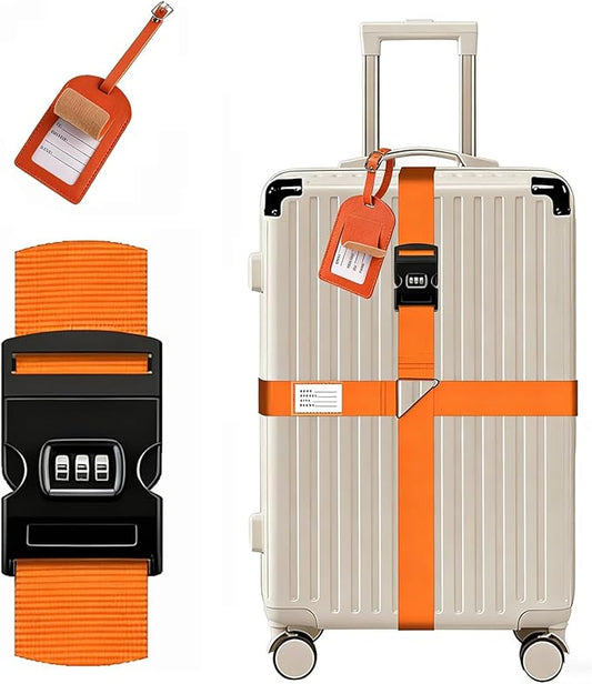 Luggage Straps for Suitcases,Travel Luggage Straps with Lock and Luggage Tags,Suitcase Strap,Adjustable Bright-Colored Travel Belt for Travel Suitcase Bag Closure Accessories.(Orange)