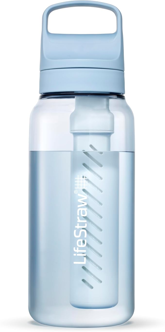LifeStraw Go Series – BPA-Free Water Filter Bottle for Travel and Everyday use removes Bacteria, parasites and microplastics, Improves Taste, 1L 2-Pack; Icelandic Blue and Aegean Sea