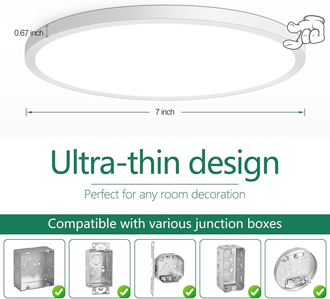 7 Inch LED Flush Mount Ceiling Light Fixture, Dimmable, 1200LM | 12W 5CCT 2700K/3000K/4000K/5000K/6500K, 0.67" Ultra Thin Low Profile Ceiling Lamp for Kitchen, Laundry, Closet Room, White