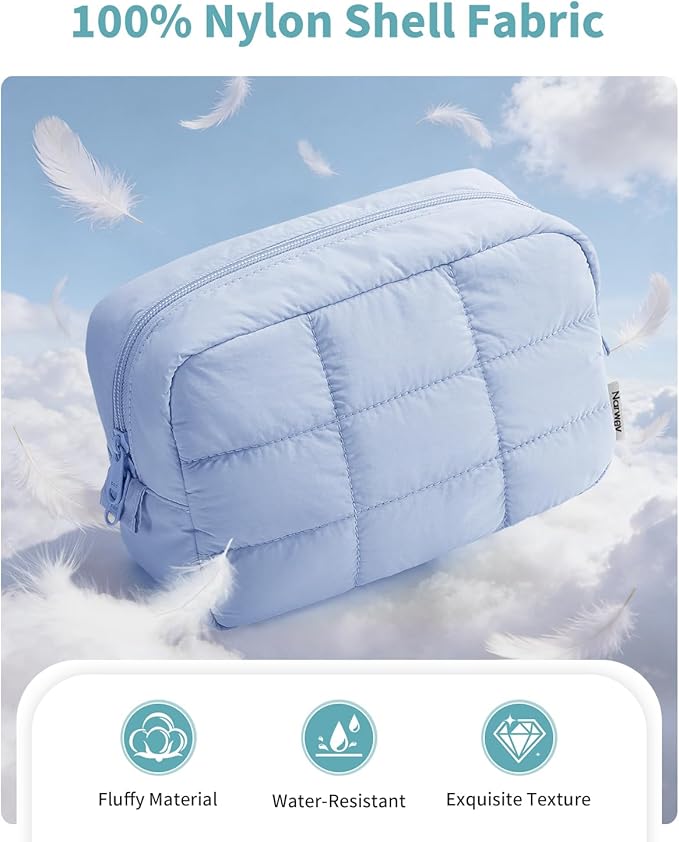 Narwey Quilted Makeup Bag for Women Girl, Puffer Travel Cosmetic Bag Puffy Make Up Bag Organizer, Cute Travel Toiletry Bag for Toiletries (Blue)