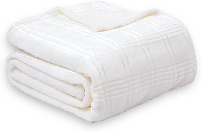 Soft Cozy Plaid Fleece Throw Blanket, 50x60 Inches – 3D Jacquard Diamond Design, Lightweight Blanket for Couch, Sofa, Camping & Travel, Ivory White