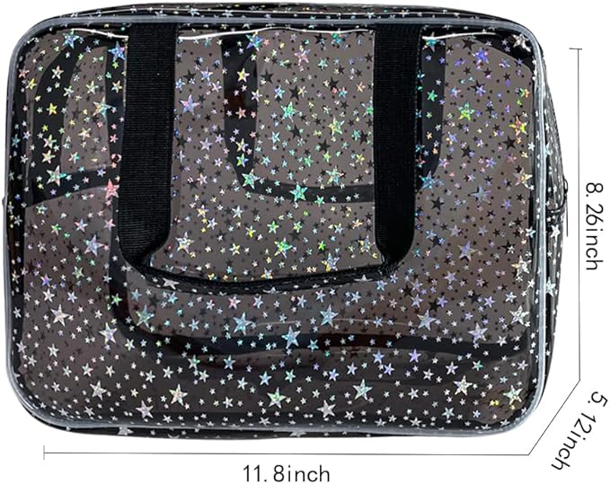 Black Holographic Star Cosmetic Bag for Women 11.8x5.1x8.2 Inches Portable Travel Toiletry Bag with Handles,Durable PVC Material,Zipper Design-Ideal Large Clear Makeup Organizer
