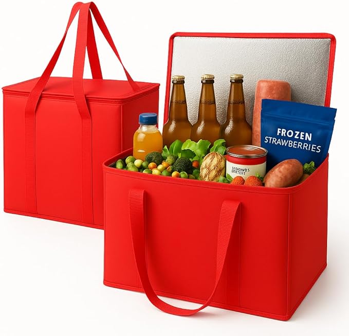 musbus 2Pk Insulated Reusable Grocery Bags, Collapsible Cooler Bag for Groceries, Heavy Duty Large Insulated Bag (Large, Bright Red)