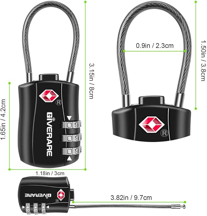 GIVERARE 2 PCS TSA Approved Luggage Locks, Combination Travel Cable Lock, Re-settable 3-Digit Padlocks with Alloy Body, Keyless Travel Sentry Accepted Padlock for Gym Locker, Golf Bag Case-Black