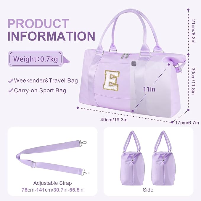 Dance Gym Duffel Bag for Teen Girls, Personalized Initial Travel Weekender Bag,Cute Overnight Carry On Duffle for Women,Sports Travel Cheer Bag,Monogram Christmas Gifts for Tween Preppy(purple-E)
