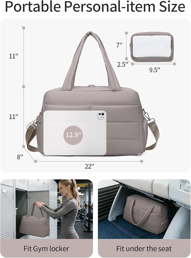Gitus Carry On Duffle Gym Bag for Women Puffer Weekender Overnight Duffel Bag for Travel with Clear Toiletry Pouch Sport Yoga Fitness Essentials Gifts (Gray)
