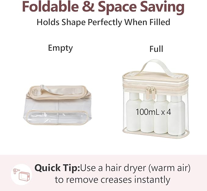 PACKISM Clear Toiletry Bag Combo Pack - 1 TSA Approved Medium & 1 Large Makeup Bag for Checked Luggage, Clear PVC Travel Bag with Handle, Dual Metal Zippers, Water Resistant Large Opening, Beige