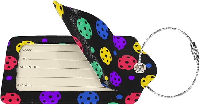Pickleball Luggage Tags Set of 2 Leather Stainless Steel Loop Label Tag for Travel Bag Suitcase
