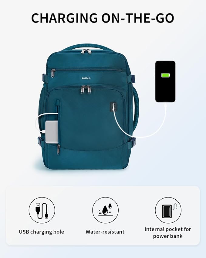 ECOHUB Travel Backpack for Women, 18x14x8 Spirit Airlines Personal Item Bag with Clear Toiletry Bag, Laptop Carry on Backpack with USB Port, Airline Approved Under Seat 14 Pockets, Blue Green