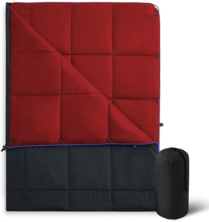 UNIKOME Waterproof Puffy Camping Blanket - Lightweight Packable Outdoor Quilt with Snaps & Corner Loops, Warm Compact Blanket for Cold Weather Hiking Picnic Stadium Travel, 75"×52", Black&Red